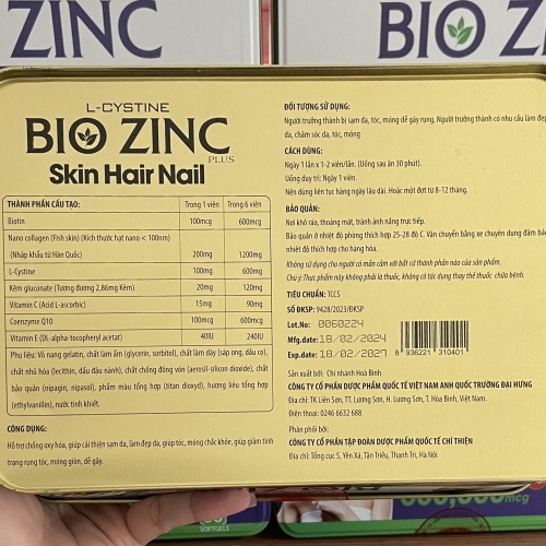 VIÊN UỐNG DƯỠNG TÓC L-CYSTINE BIO ZINC PLUS, HỘP THIẾC 60 VIÊN. GIÚP TÓC BÓNG MƯỢT, HẠN CHÉ GÃY RỤNG, ĐẸP DA, GIẢM SẠM, NÁM DA,..