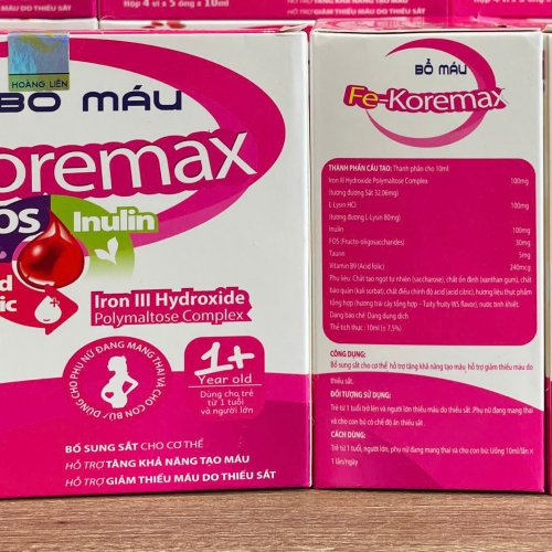 SIRO BỔ MÁU FE - KOREMAX, HỘP 20 ỐNG. GIÚP BỔ SUNG SẮT CHO CƠ THỂ, GIÚP GIẢM TÌNH TRẠNG THIẾU MÁU DO THIẾU SẮT