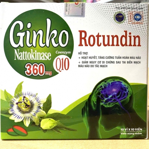 VIÊN UỐNG BỔ NÃO GINKO ROTUNDIN NATTOKINASE 360MG, HỘP 100 VIÊN. GIÚP GIẢM NHỨC ĐẦU, HOA MẮT, CHÓNG MẶT, SUY GIẢM TRÍ NHỚ,... 