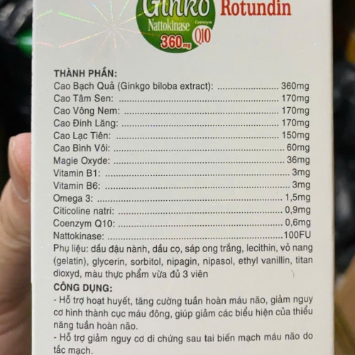 VIÊN UỐNG BỔ NÃO GINKO ROTUNDIN NATTOKINASE 360MG, HỘP 100 VIÊN. GIÚP GIẢM NHỨC ĐẦU, HOA MẮT, CHÓNG MẶT, SUY GIẢM TRÍ NHỚ,... 