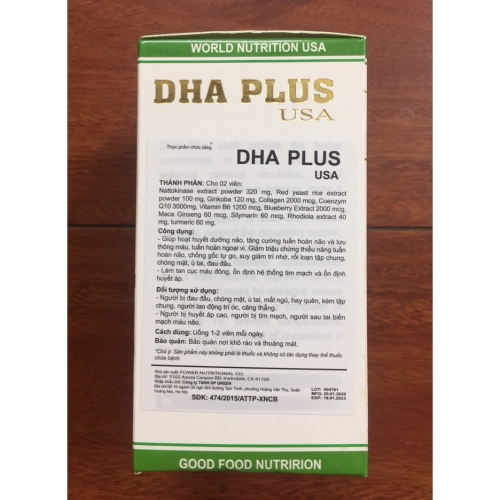 VIÊN UỐNG BỔ NÃO DHA PLUS USA.HỘP 60 VIÊN. GIÚP LƯU THÔNG MÁU, GIẢM CHÓNG MẶT, Ù TAI, MẤT TRÍ NHỚ,..