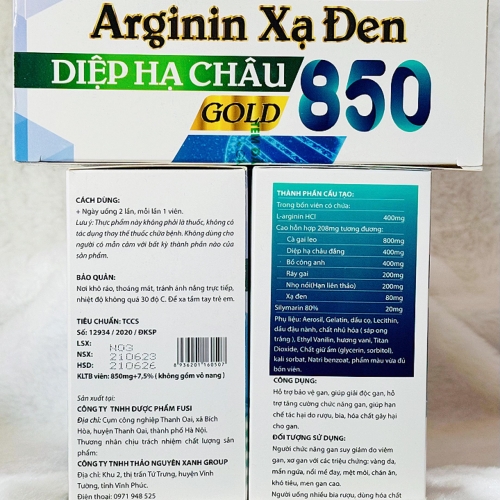 VIÊN UỐNG BỔ GAN ARGININ XẠ ĐEN DIỆP HẠ CHÂU GOLD 850. HỘP 60 VIÊN. GIÚP GIẢI ĐỘC, THANH MÁT GAN,...