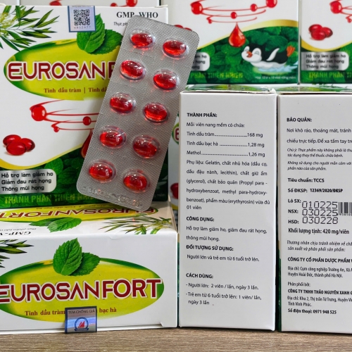 VIÊN UỐNG HO DẦU EUROSANFORT CÁNH CỤT ĐỎ, HỘP 100 VIÊN. GIÚP GIẢM HO KÉO DÀI, HO ĐỜM, NGỨA RÁT HỌNG, KHẢN TIẾNG ĐAU HỌNG,...