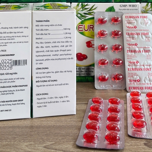 VIÊN UỐNG HO DẦU EUROSANFORT CÁNH CỤT ĐỎ, HỘP 100 VIÊN. GIÚP GIẢM HO KÉO DÀI, HO ĐỜM, NGỨA RÁT HỌNG, KHẢN TIẾNG ĐAU HỌNG,...
