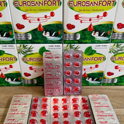 VIÊN UỐNG HO DẦU EUROSANFORT CÁNH CỤT ĐỎ, HỘP 100 VIÊN. GIÚP GIẢM HO KÉO DÀI, HO ĐỜM, NGỨA RÁT HỌNG, KHẢN TIẾNG ĐAU HỌNG,...