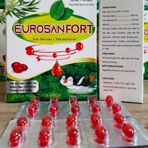 VIÊN UỐNG HO DẦU EUROSANFORT CÁNH CỤT ĐỎ, HỘP 100 VIÊN. GIÚP GIẢM HO KÉO DÀI, HO ĐỜM, NGỨA RÁT HỌNG, KHẢN TIẾNG ĐAU HỌNG,...