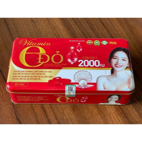 VIÊN UỐNG ĐẸP DA VITAMIN E ĐỎ 2000IU. GIÚP DA CĂNG MỊN, GIẢM NÁM, KHÔ DA. HỘP THIẾC 60 VIÊN