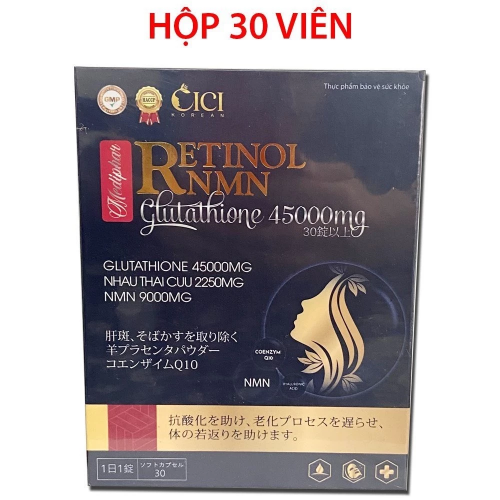 VIÊN UỐNG ĐẸP DA RETINOL NMN GLUTATHIONE 45000MG. GIÚP BỔ SUNG ĐỘ ẨM CHO DA, GIẢM NÁM, TÀN NHANG. HỘP GỖ 1 LỌ