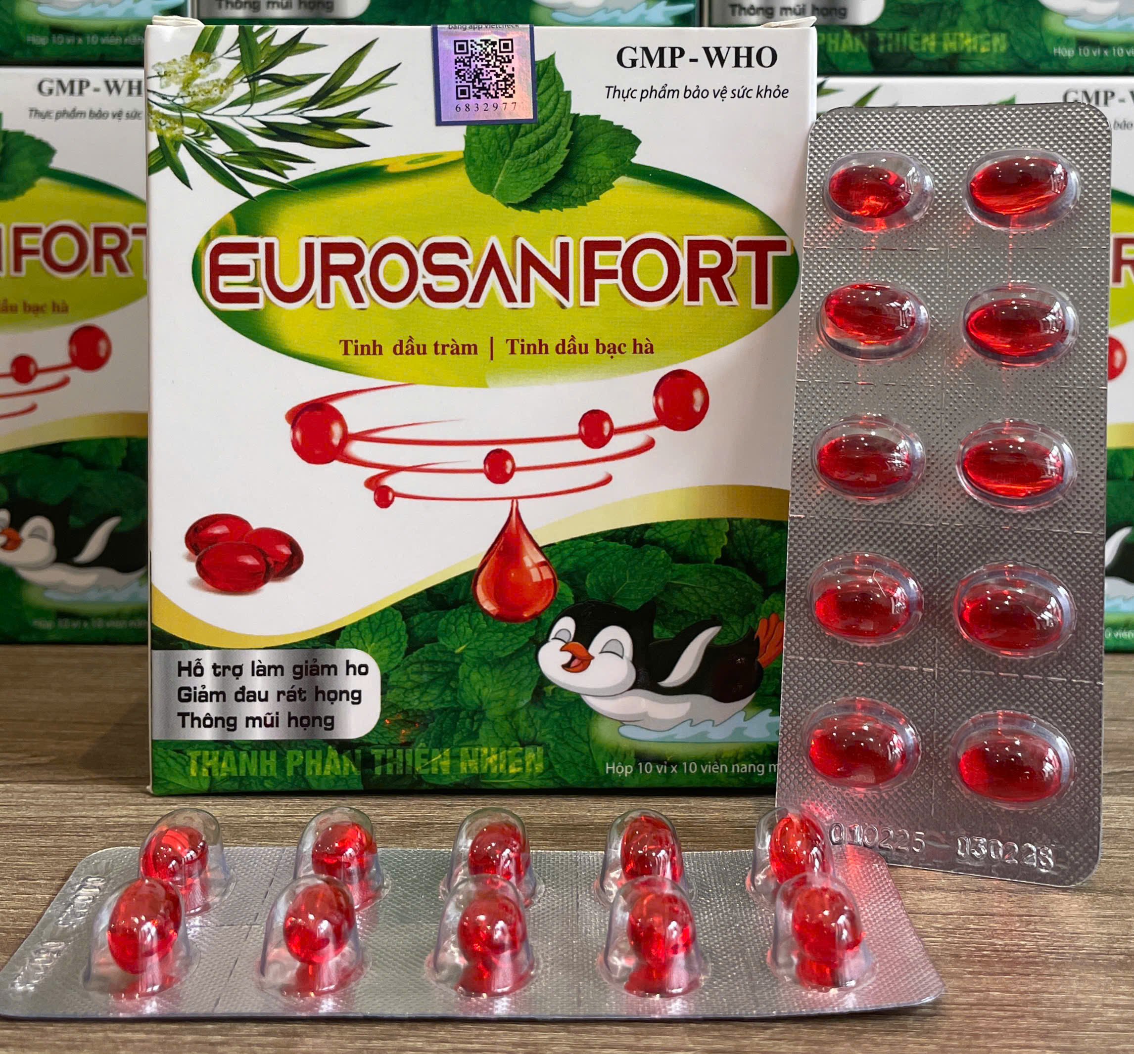 VIÊN UỐNG HO DẦU EUROSANFORT CÁNH CỤT ĐỎ, HỘP 100 VIÊN. GIÚP GIẢM HO KÉO DÀI, HO ĐỜM, NGỨA RÁT HỌNG, KHẢN TIẾNG ĐAU HỌNG,...