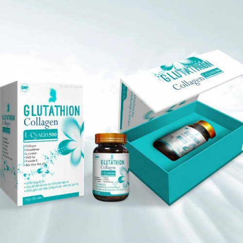 VIÊN UỐNG ĐẸP DA COLLAGEN GLUTATHION L-CYSTIN 500 HOA XANH, Hộp gỗ 1 Lọ x 30 viên. GIÚP TĂNG ĐỘ ĐÀN HỒI CHO DA, CẤP ẨM DA, GIẢM NÁM VA TÀN NHANG,...