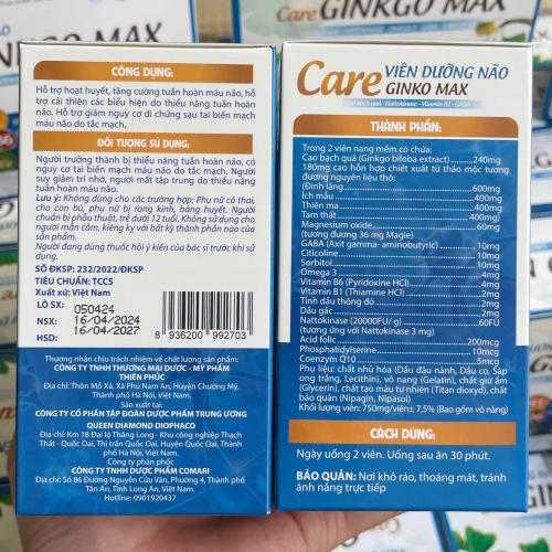 VIÊN DƯỠNG NÃO CARE GINGKO MAX. GIÚP TĂNG CƯỜNG LƯU THÔNG TUẦN HOÀN NÃO, GIẢM TÌNH TRẠNG TAI BIẾN,...