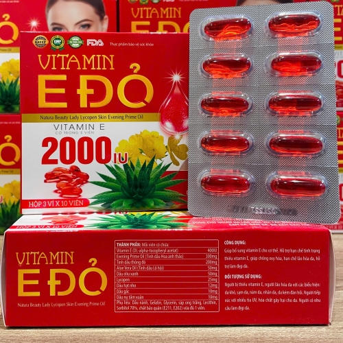 VIÊN UỐNG ĐẸP DA VITAMIN E ĐỎ 2000IU. GIÚP GIẢM LÃO HÓA DA, SẠM DA, NÁM DA,....HỘP 30 Viên