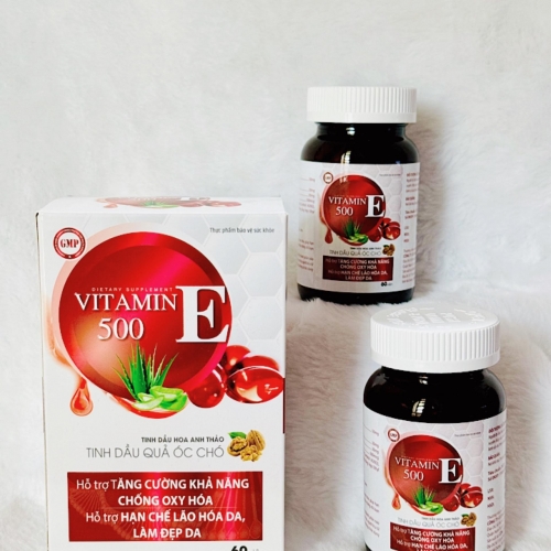 VIÊN UỐNG ĐẸP DA VITAMIN E 500, HỘP 60 VIÊN. GIÚP HẠN CHẾ LÃO HÓA DA, CẢI THIỆN RỐI LOẠN NỘI TIẾT TỐ THỜI KÌ MÃN KINH,..