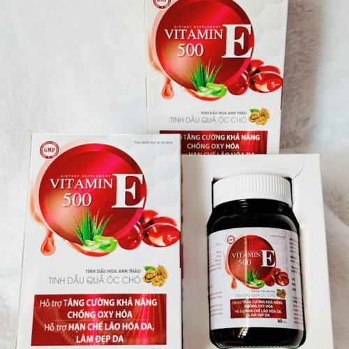VIÊN UỐNG ĐẸP DA VITAMIN E 500, HỘP 60 VIÊN. GIÚP HẠN CHẾ LÃO HÓA DA, CẢI THIỆN RỐI LOẠN NỘI TIẾT TỐ THỜI KÌ MÃN KINH,..