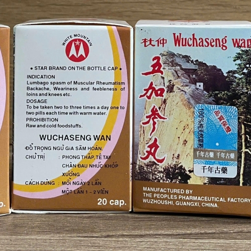 VIÊN UÔNG XƯƠNG KHỚP ĐỖ TRỌNG NGŨ GIA SÂM - WUCHASENG WAN. HỘP LỌ 20 VIÊN. GIÚP GIẢM VIÊN KHÓP, THOÁI HÓA THẦN KINH TỌA, GAI CỘT SỐNG,...HÀNG CHÍNH HÃNG LOẠI 1
