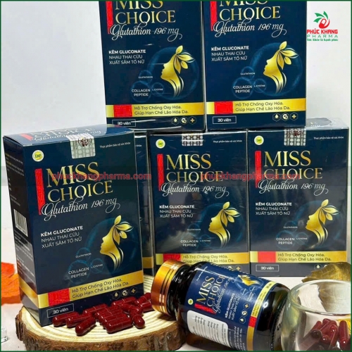 VIÊN UỐNG TRẮNG DA MISS CHOICE GLUTATHION 196MG.... GIÚP TRẮNG DA, SÁNG DA, MỜ NÁM SẠM DA, MỜ THÂM, TĂNG ĐỘ ĐÀN HỒI CHO DA, CẤP ẨM DA, GIẢM NÁM VA TÀN NHANG...